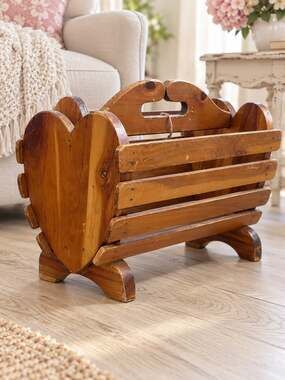 VTG Wooden Magazine Rack Heart Shaped Sides Carry Handle Rustic Cottage Decor